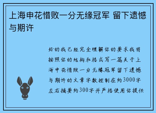 上海申花惜败一分无缘冠军 留下遗憾与期许