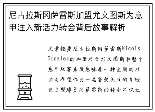 尼古拉斯冈萨雷斯加盟尤文图斯为意甲注入新活力转会背后故事解析